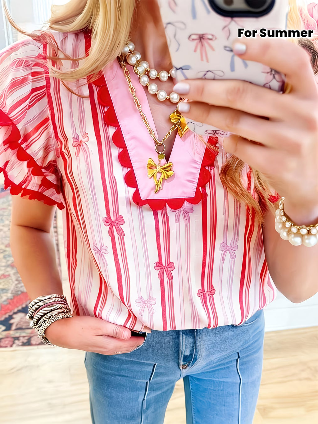 Pink Ric-Rac Sleeved Bow Print Blouse