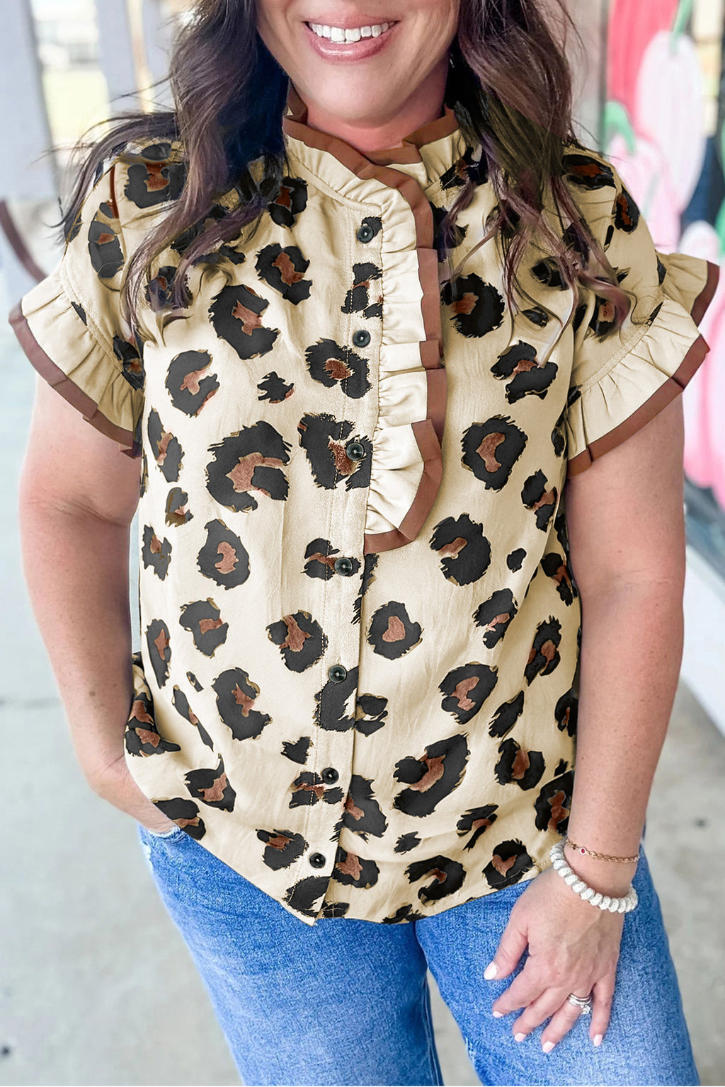 Leopard Print Khaki Plus Size Blouse