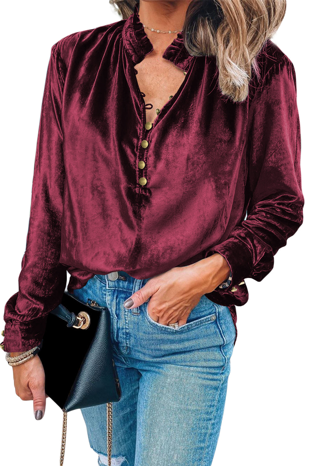 “Frilled” Mock Neck Velvet Top