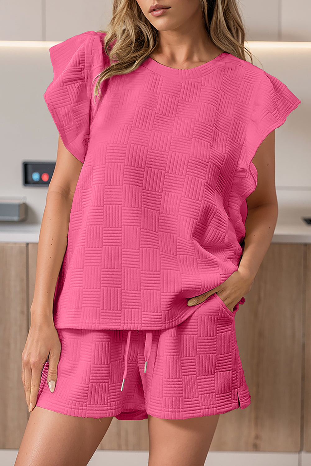 "Pink Bonbon" Textured Ruffled Sleeve Shorts Set