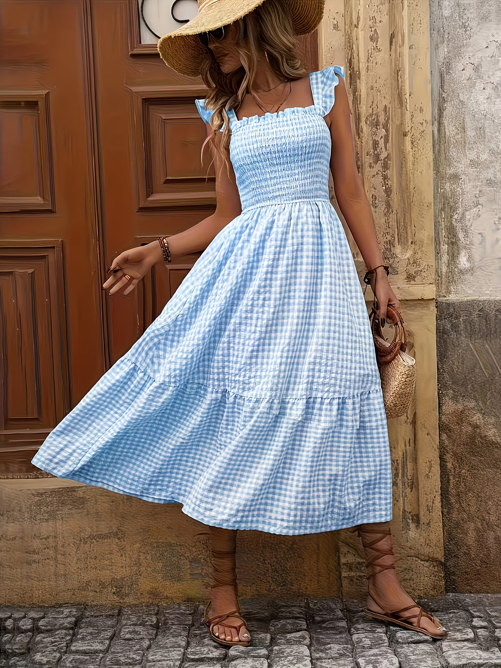 Blue and White Targeted Plaid Dress
