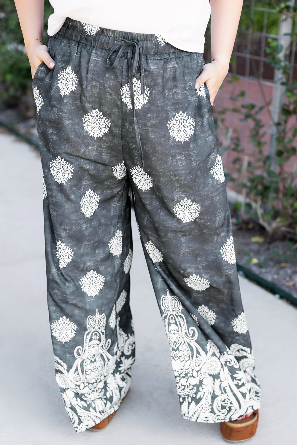 Geometric Print Drawstring Wide Leg Plus Size  Pants