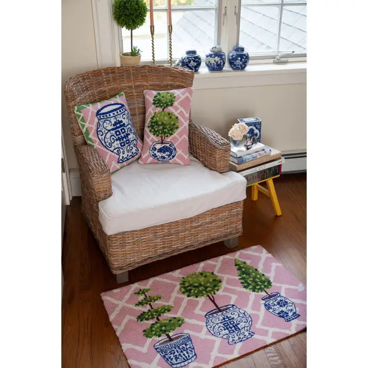 Pink Chinoiserie Topiary Ribbon Hook Pillow