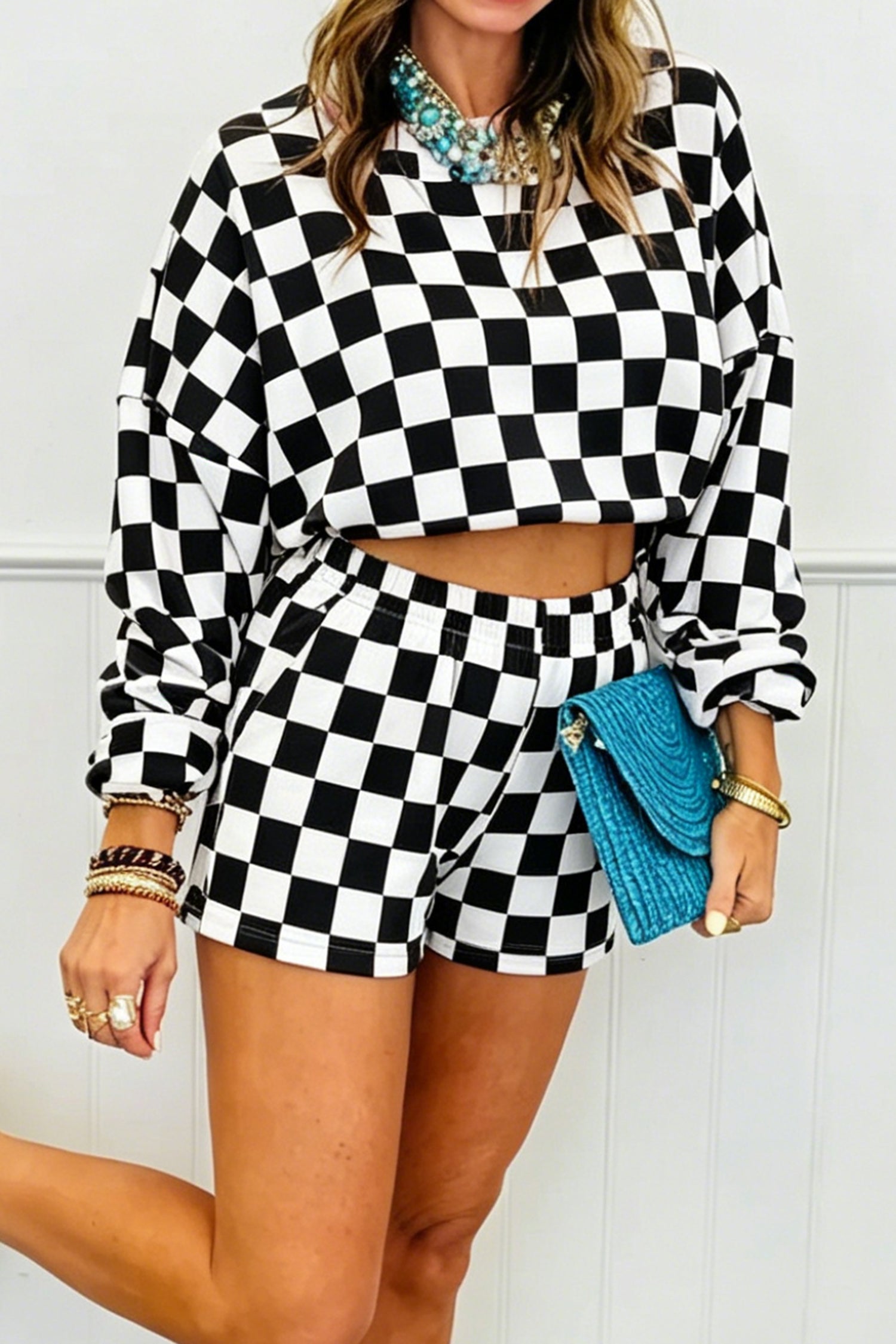 Checkered Crop Top Shorts Two Piece Set