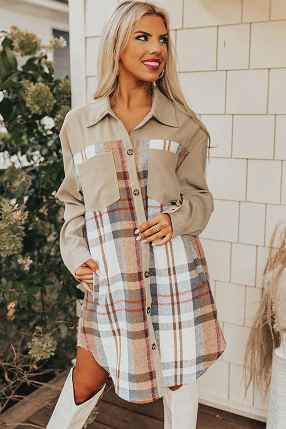 "Plaid Patchwork" Long Sleeve Shirt Dress