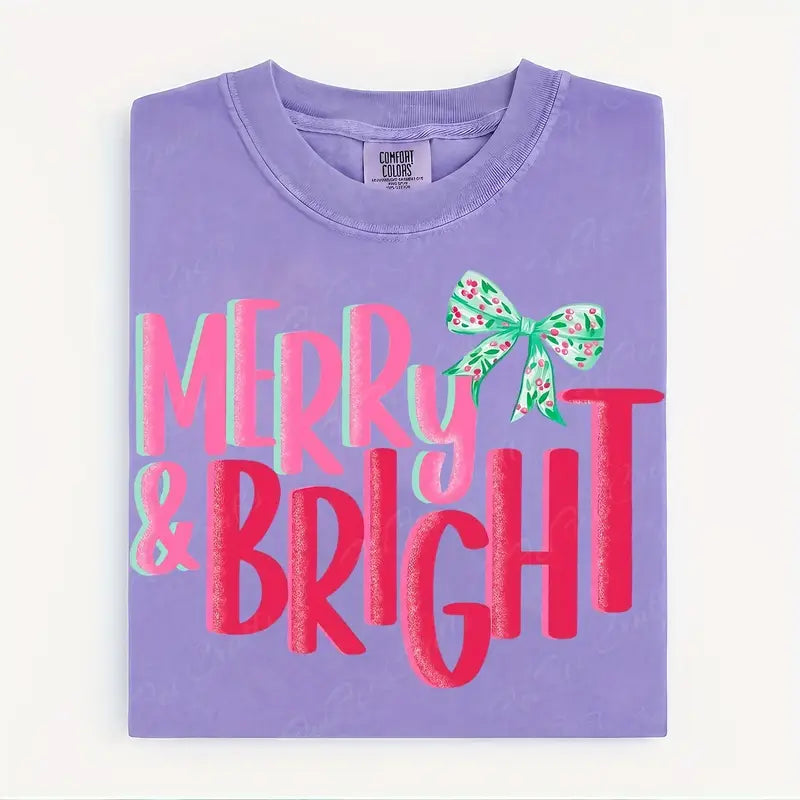 Merry and Bright with Green Bow Tee