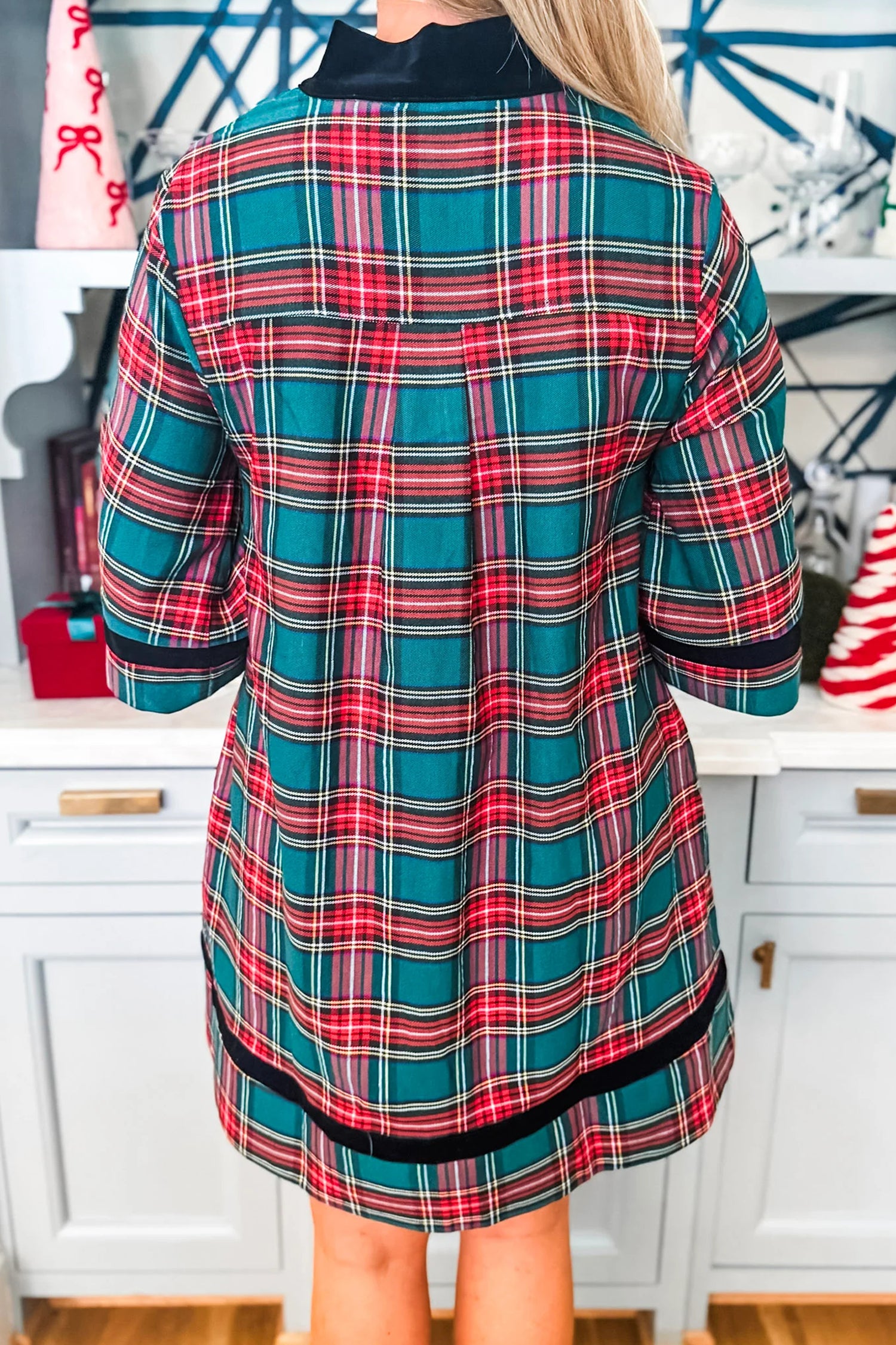Green Plaid Velvet Trim Dress