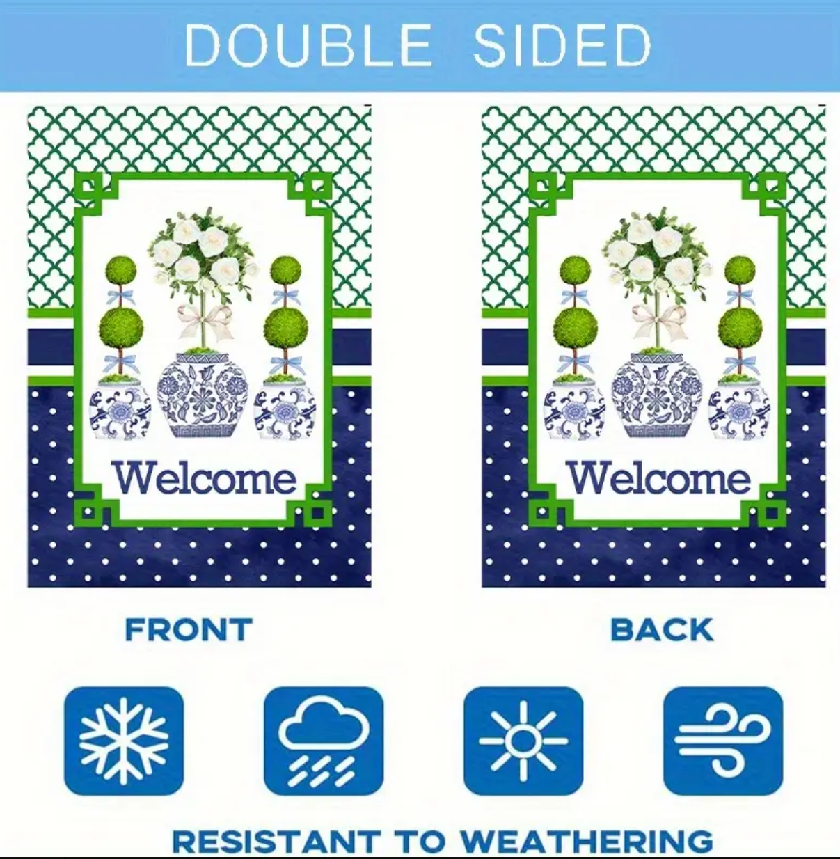 Blue Chinoiserie Triple Topiary Garden Flag