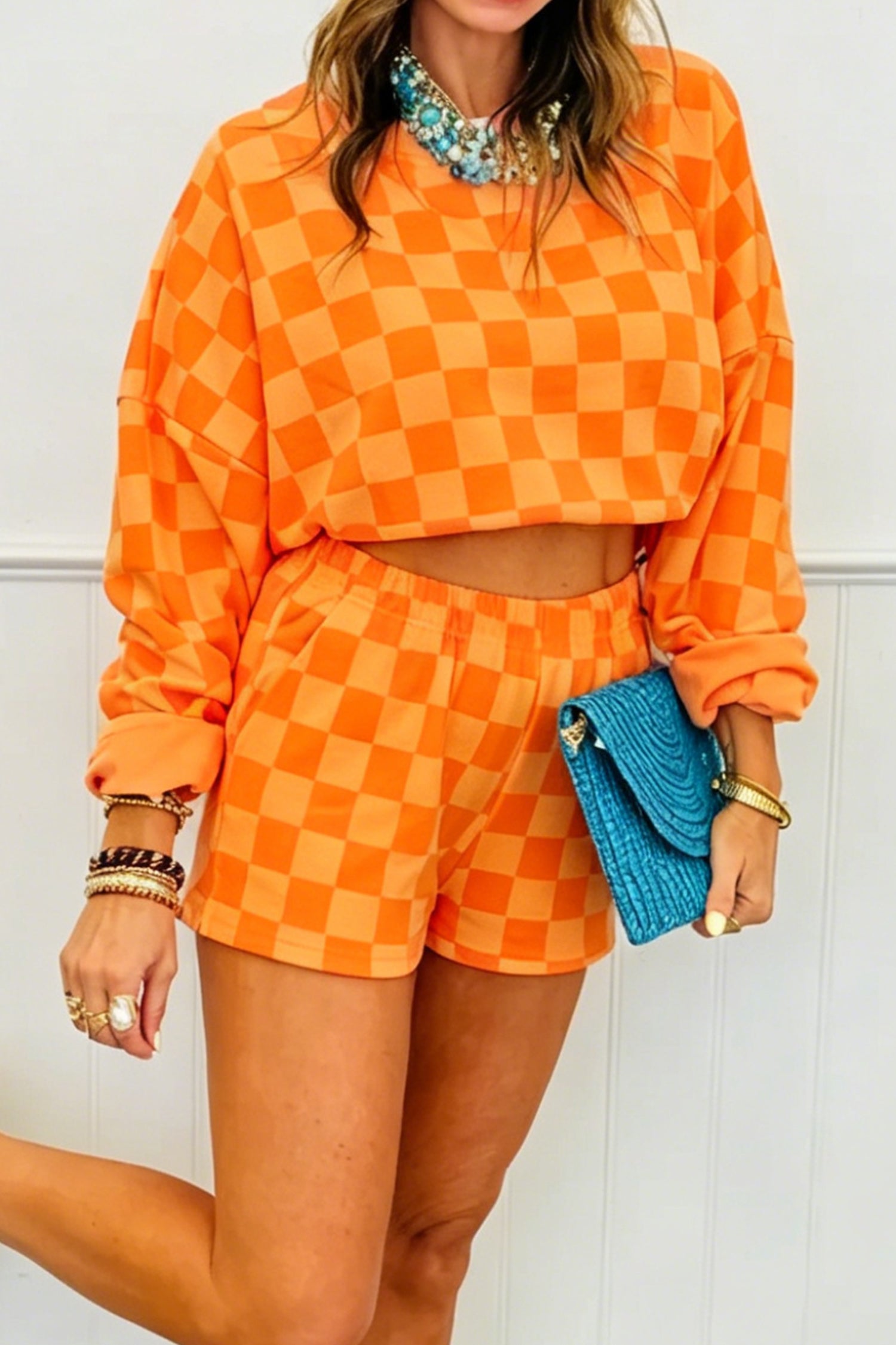 Checkered Crop Top Shorts Two Piece Set