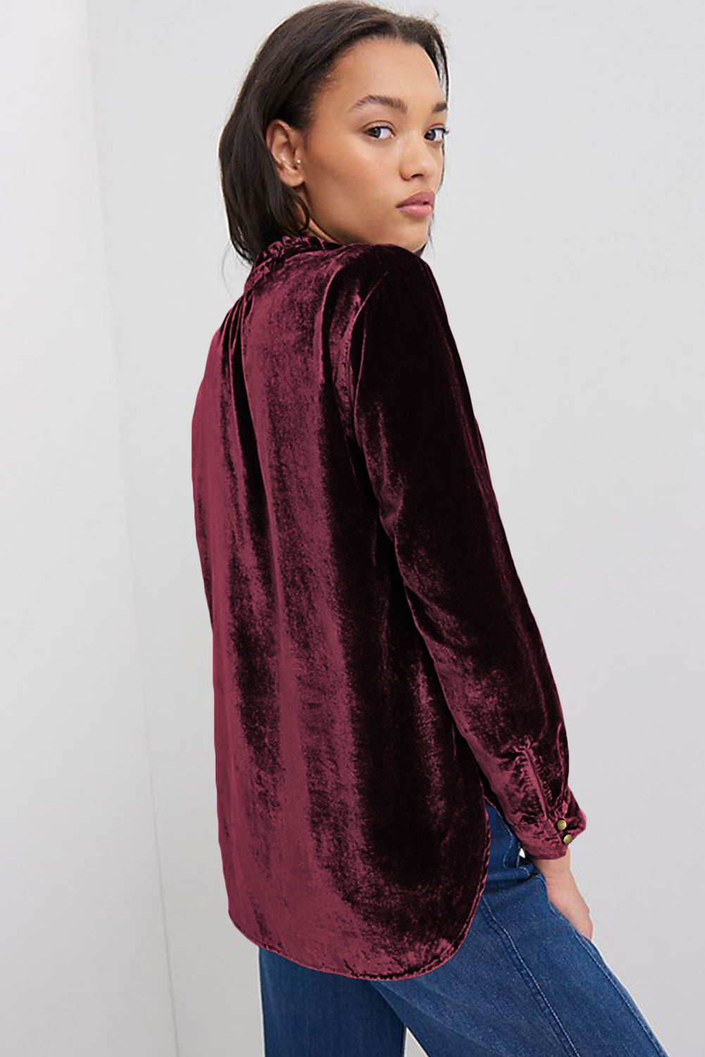 “Frilled” Mock Neck Velvet Top