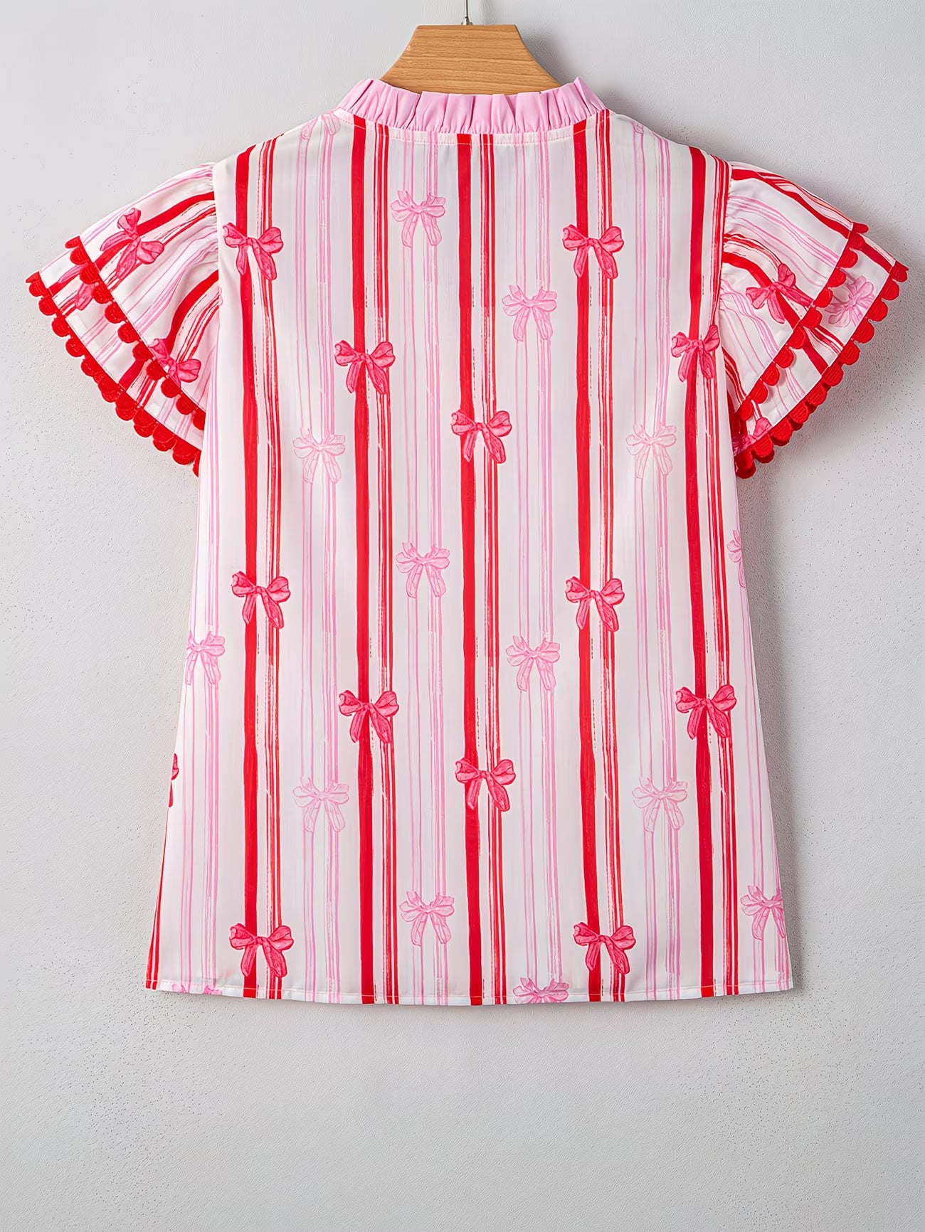 Pink Ric-Rac Sleeved Bow Print Blouse