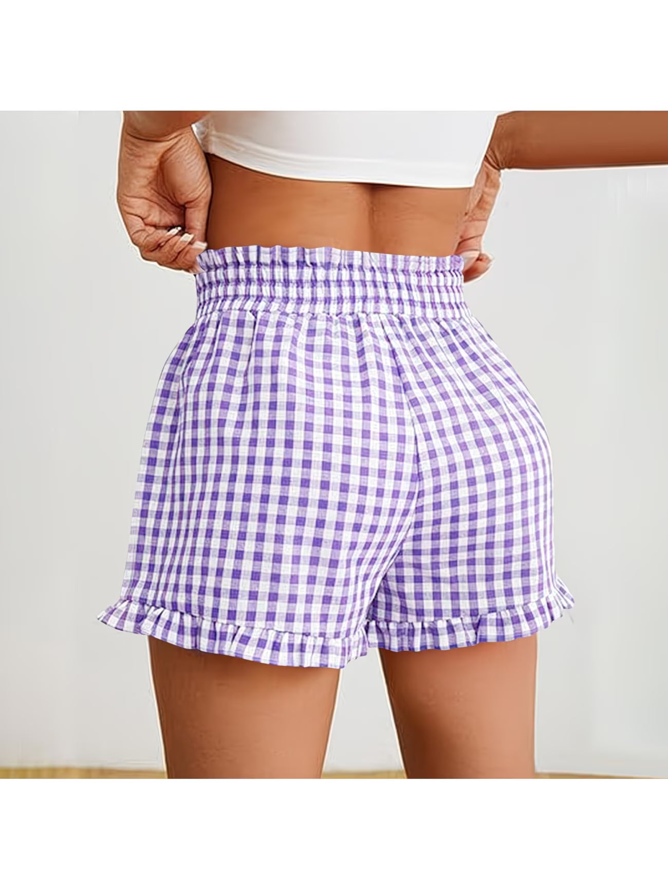 Lilac Gingham Print Ruffle Shorts