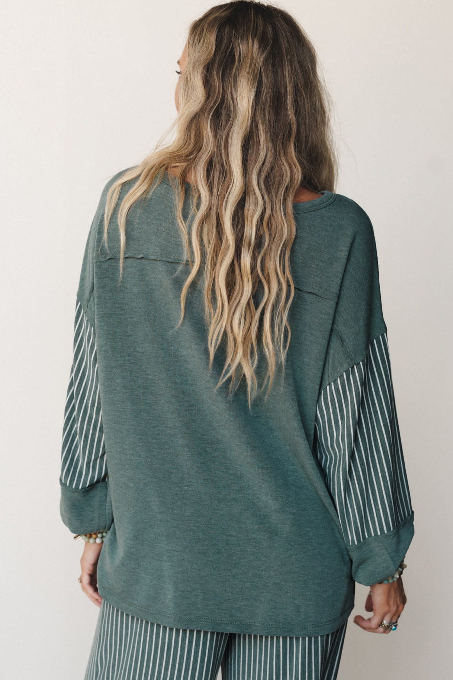 “Green Bay Rae” Patchwork Long Sleeve Top & Pants 2pcs Set