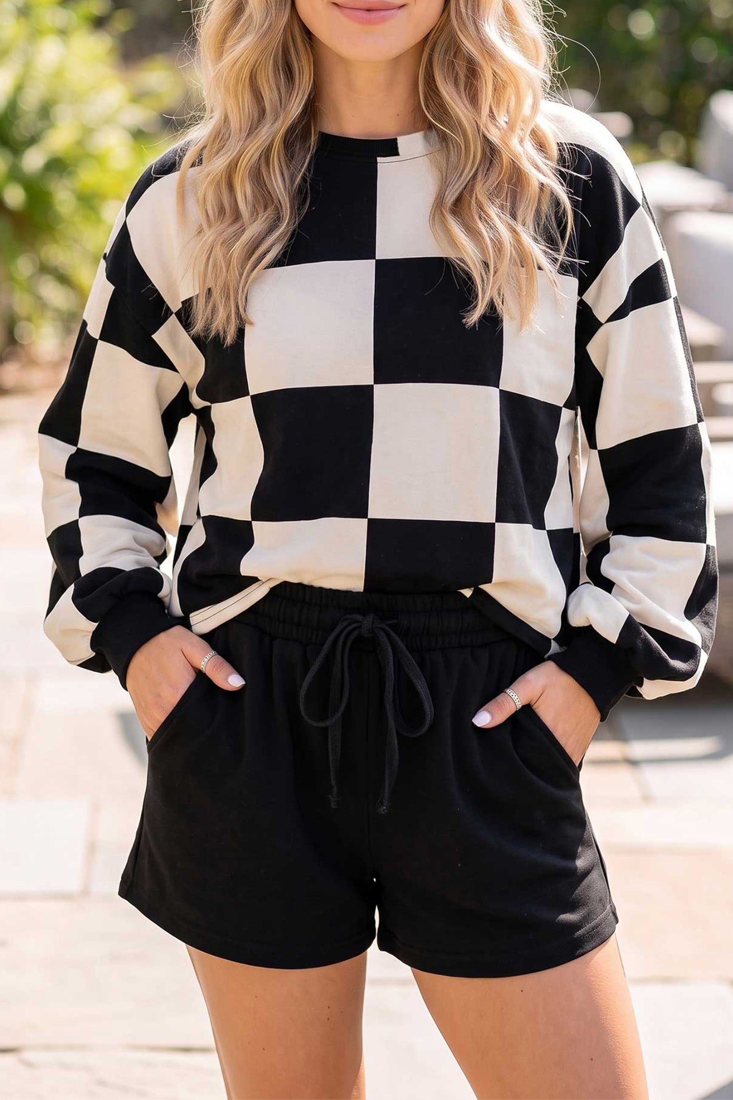 Checkerboard Plaid Long Sleeve & Shorts 2pcs Set