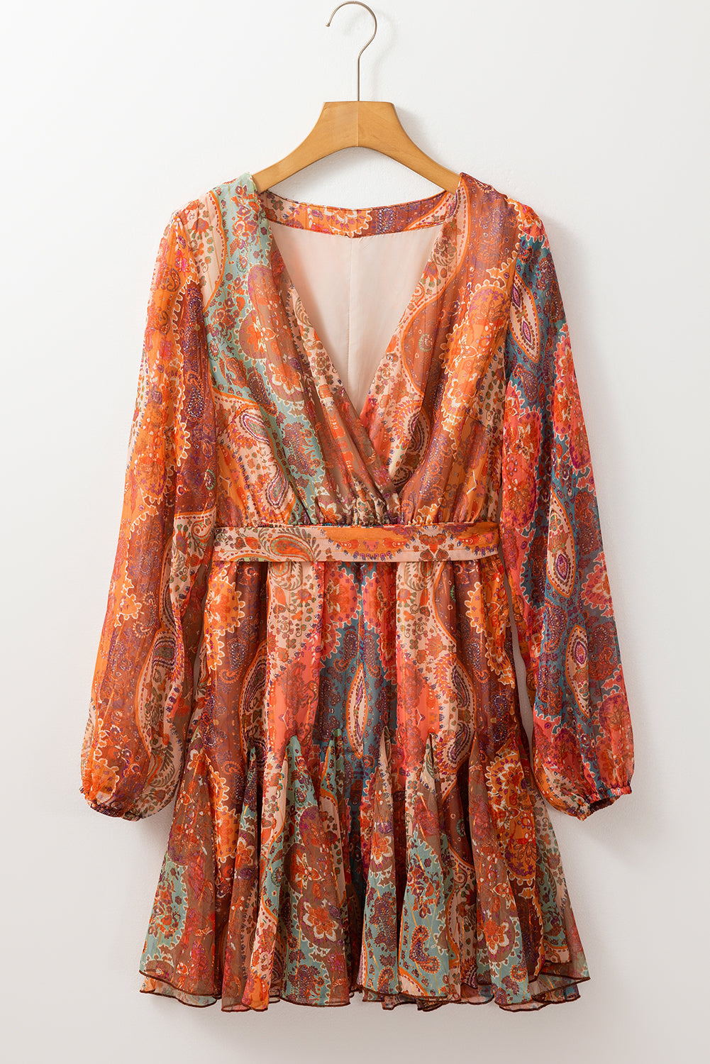 "Orange and Boho Oh My" Paisley Long Sleeve Belted Dress