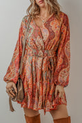 "Orange and Boho Oh My" Paisley Long Sleeve Belted Dress