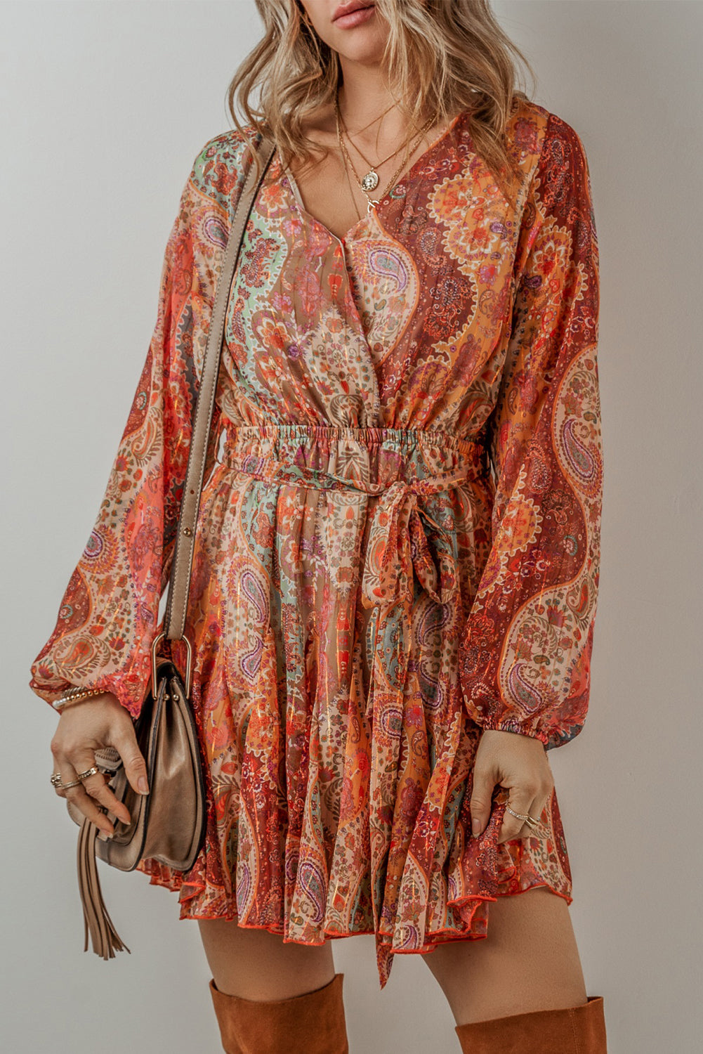 "Orange and Boho Oh My" Paisley Long Sleeve Belted Dress