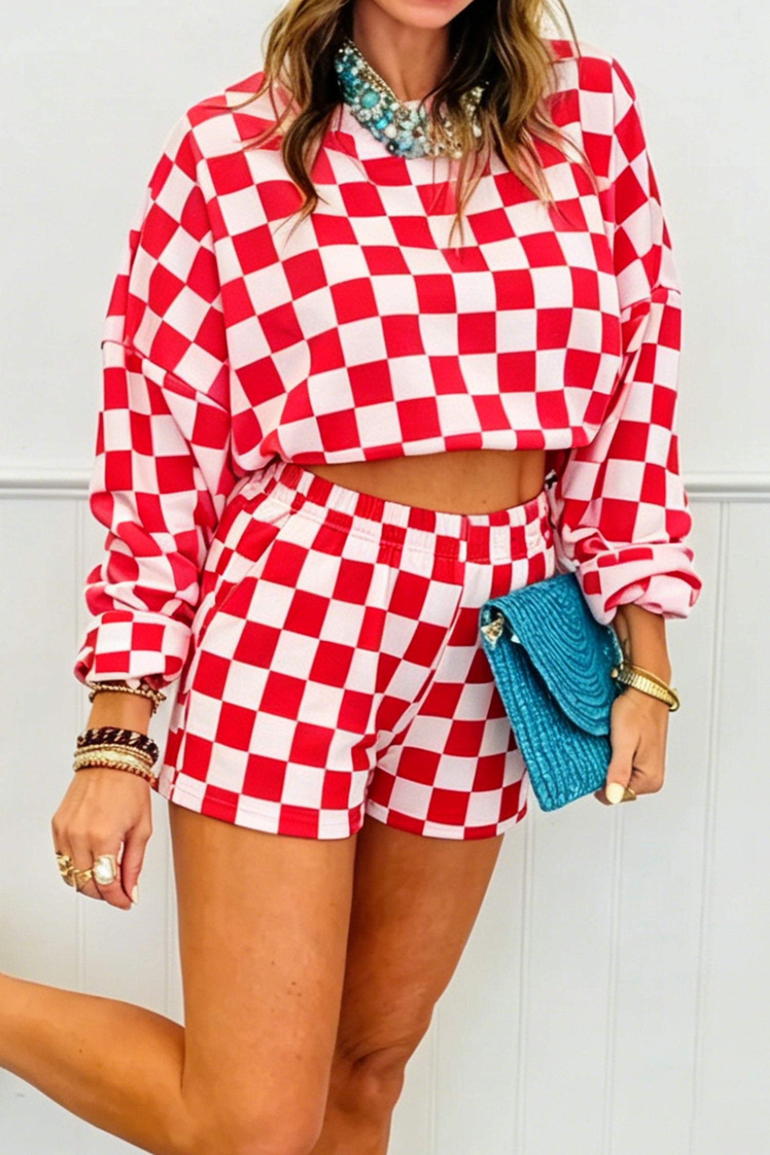 Checkered Crop Top Shorts Two Piece Set