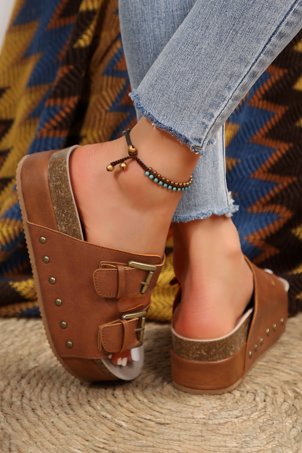 "Loving Chestnut" Dual Buckle Studded Platform Sandals