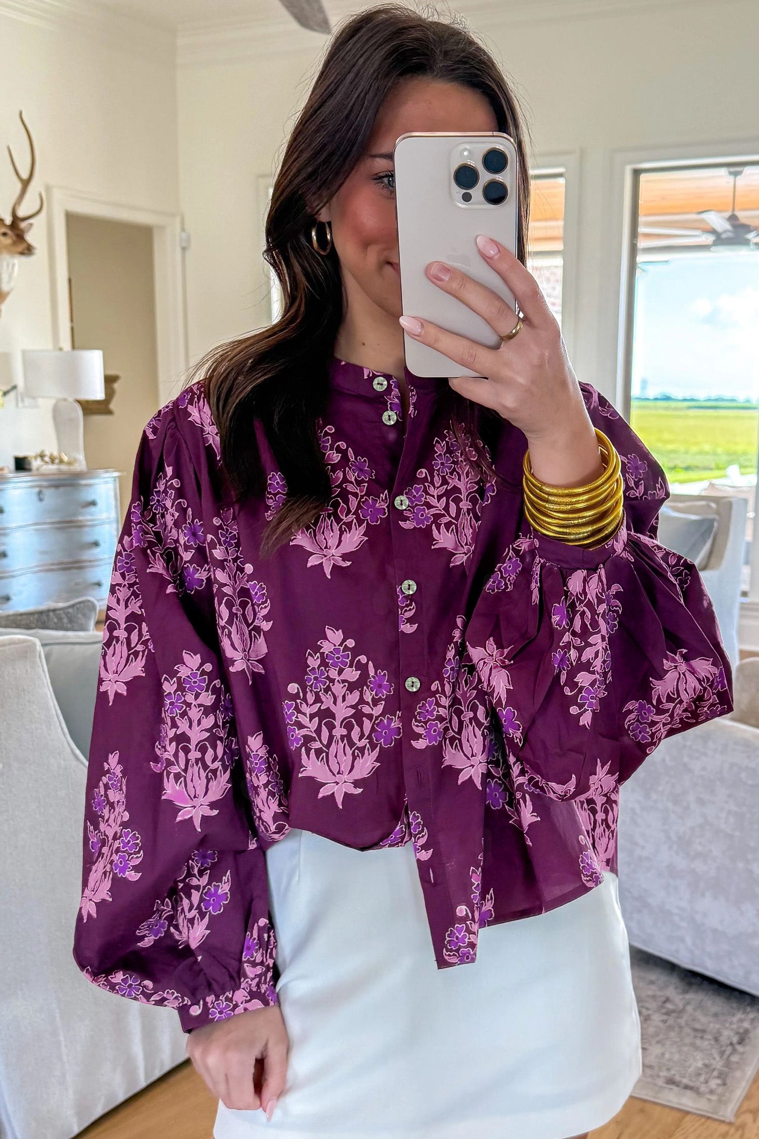 "Playful In Purple" Floral Print Long Puff Sleeve Shirt