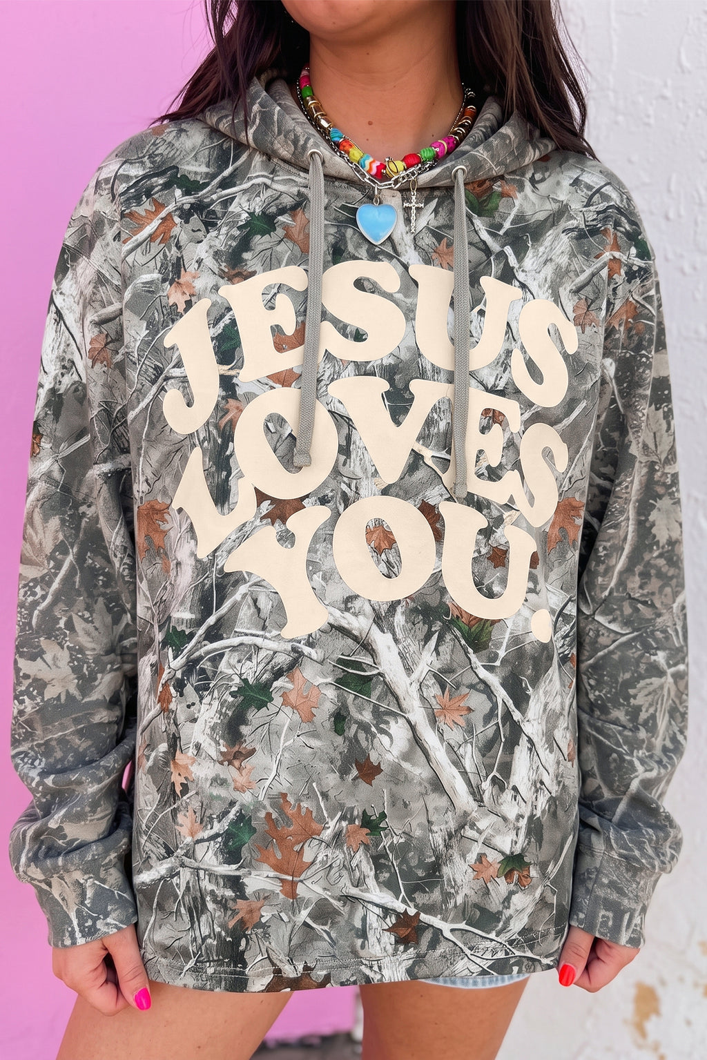 Beige Woodland Camouflage Print JESUS LOVES YOU Tunic Hoodie