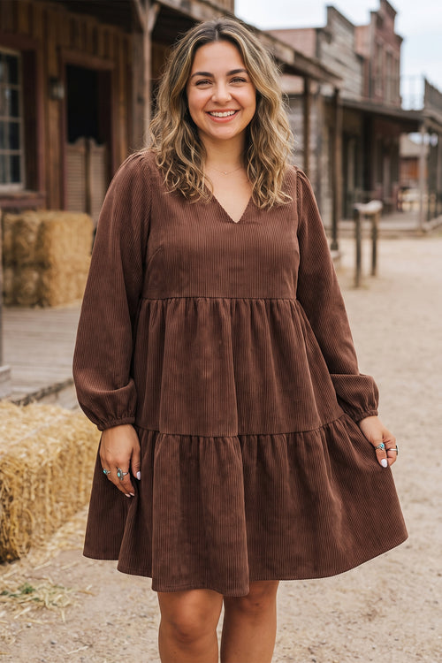 "Coffee In Corduroy" Long Sleeve Plus Size Dress