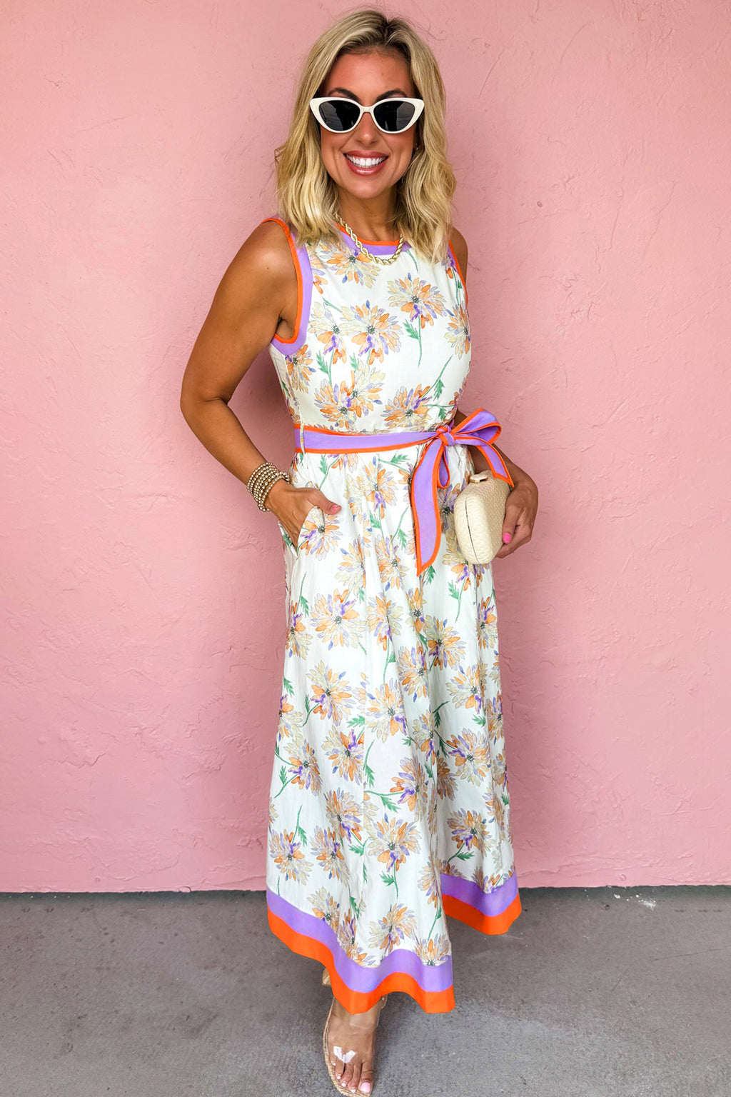 White Floral Print Color Block Trim Belted Maxi Dress