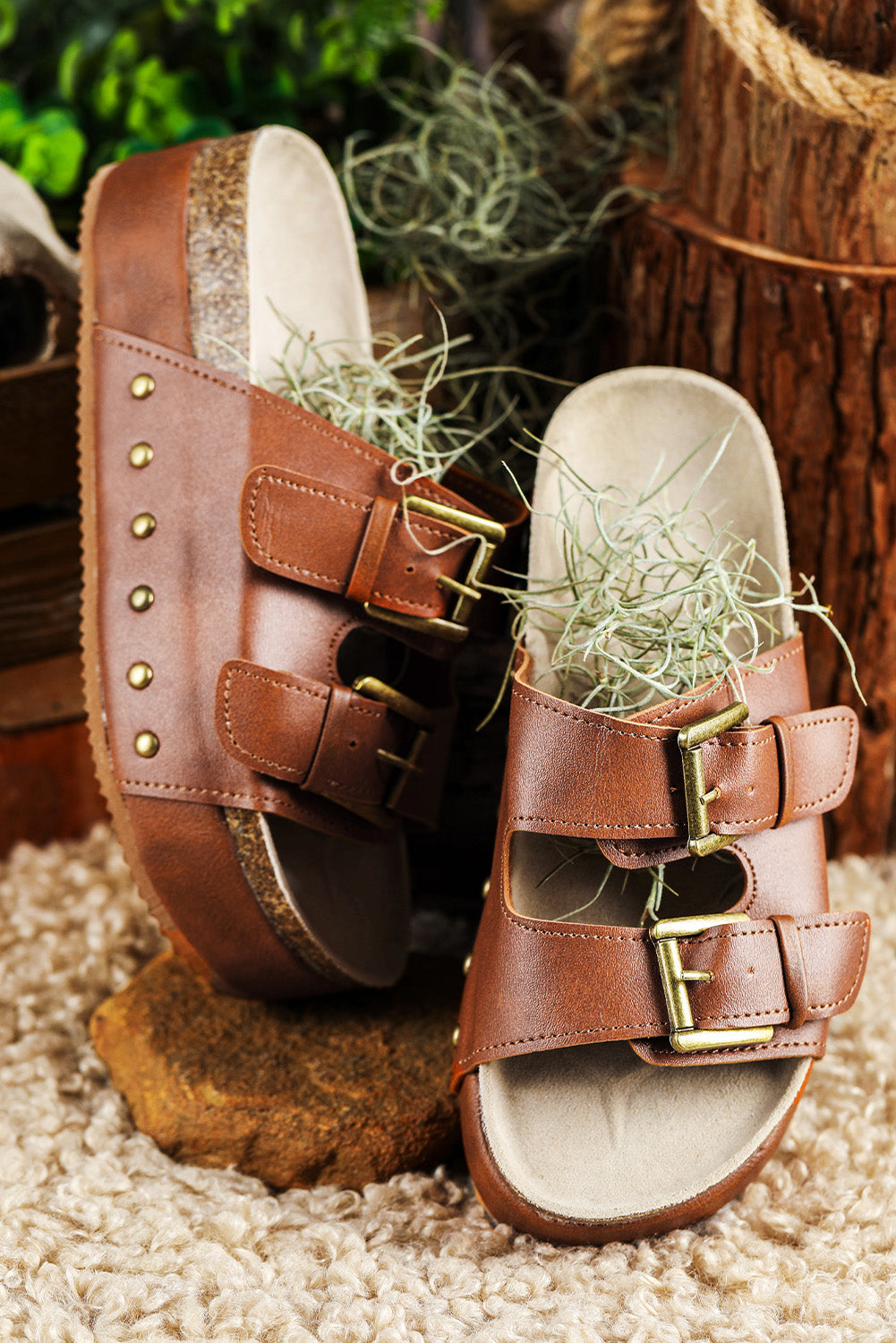"Loving Chestnut" Dual Buckle Studded Platform Sandals
