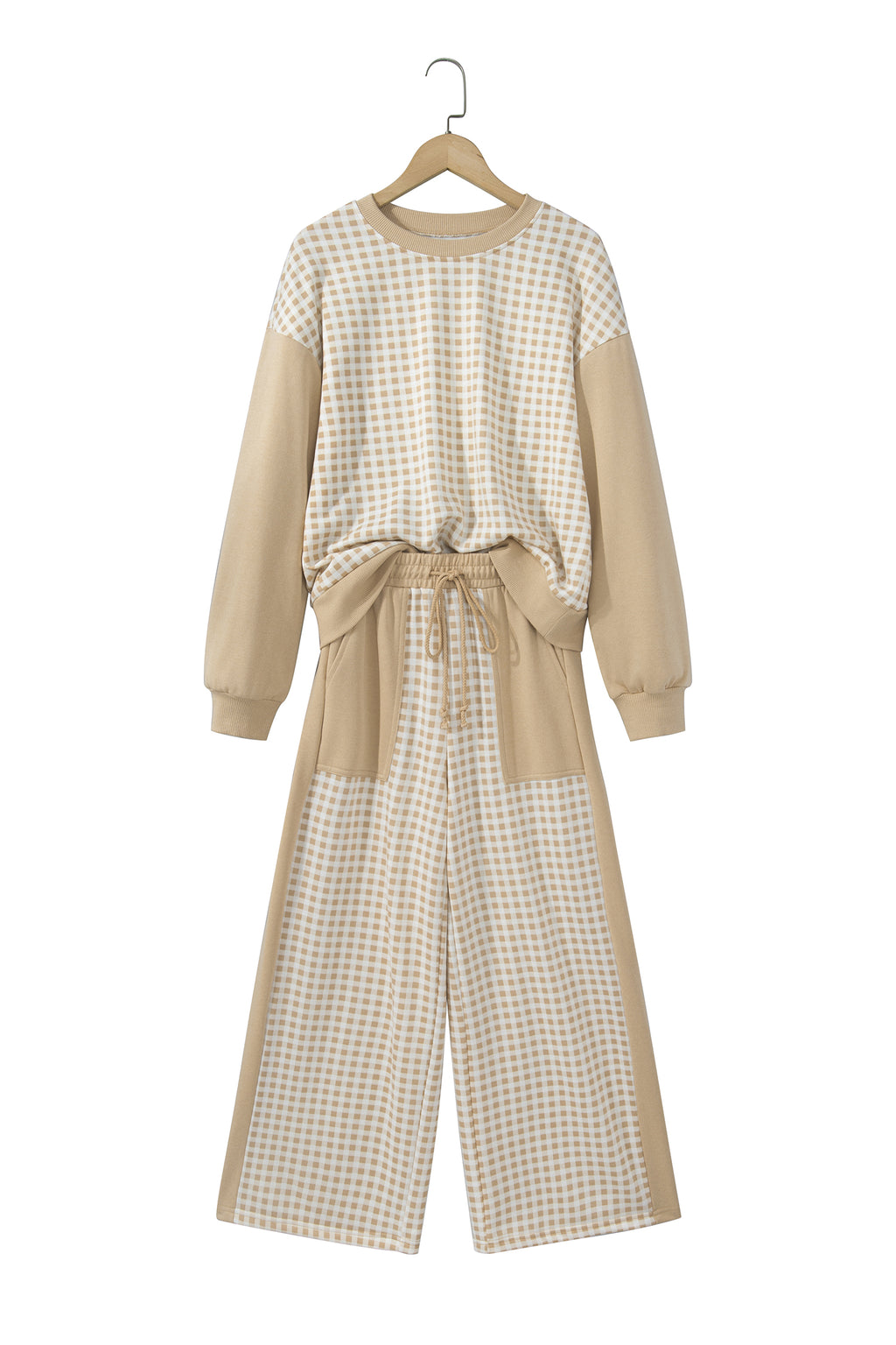 Color Block Plaid Patchwork Long Sleeve Pullover Pant Set