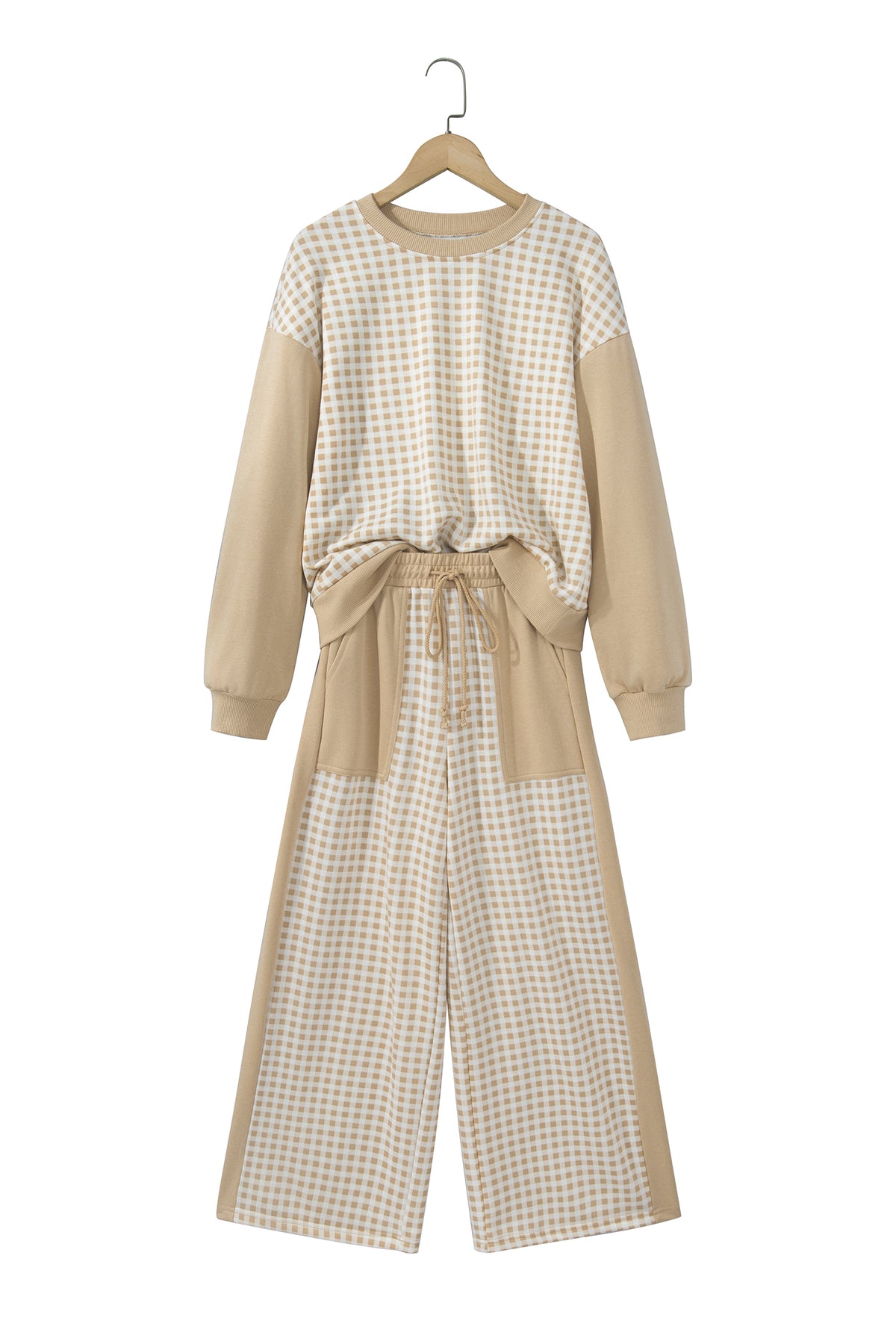 Color Block Plaid Patchwork Long Sleeve Pullover Pant Set