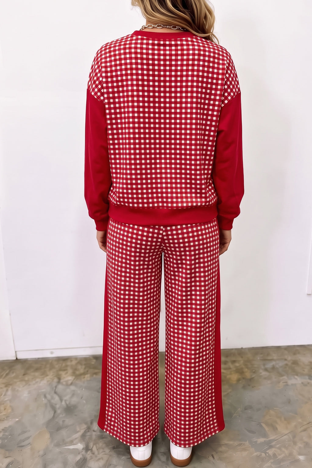 Color Block Plaid Patchwork Long Sleeve Pullover Pant Set