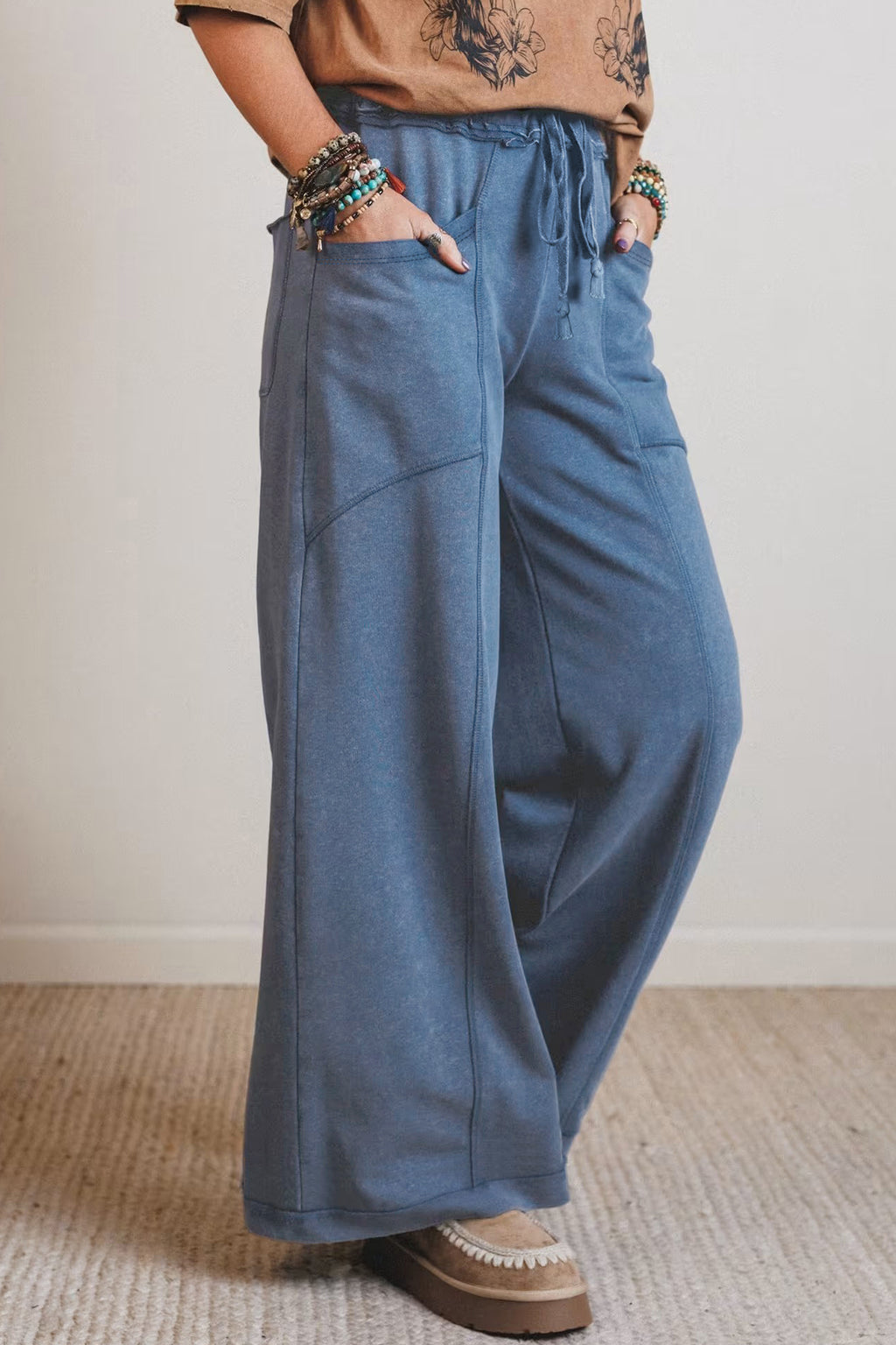 "Khaki or Blue" Boho Mineral Wash Wide Leg Pants