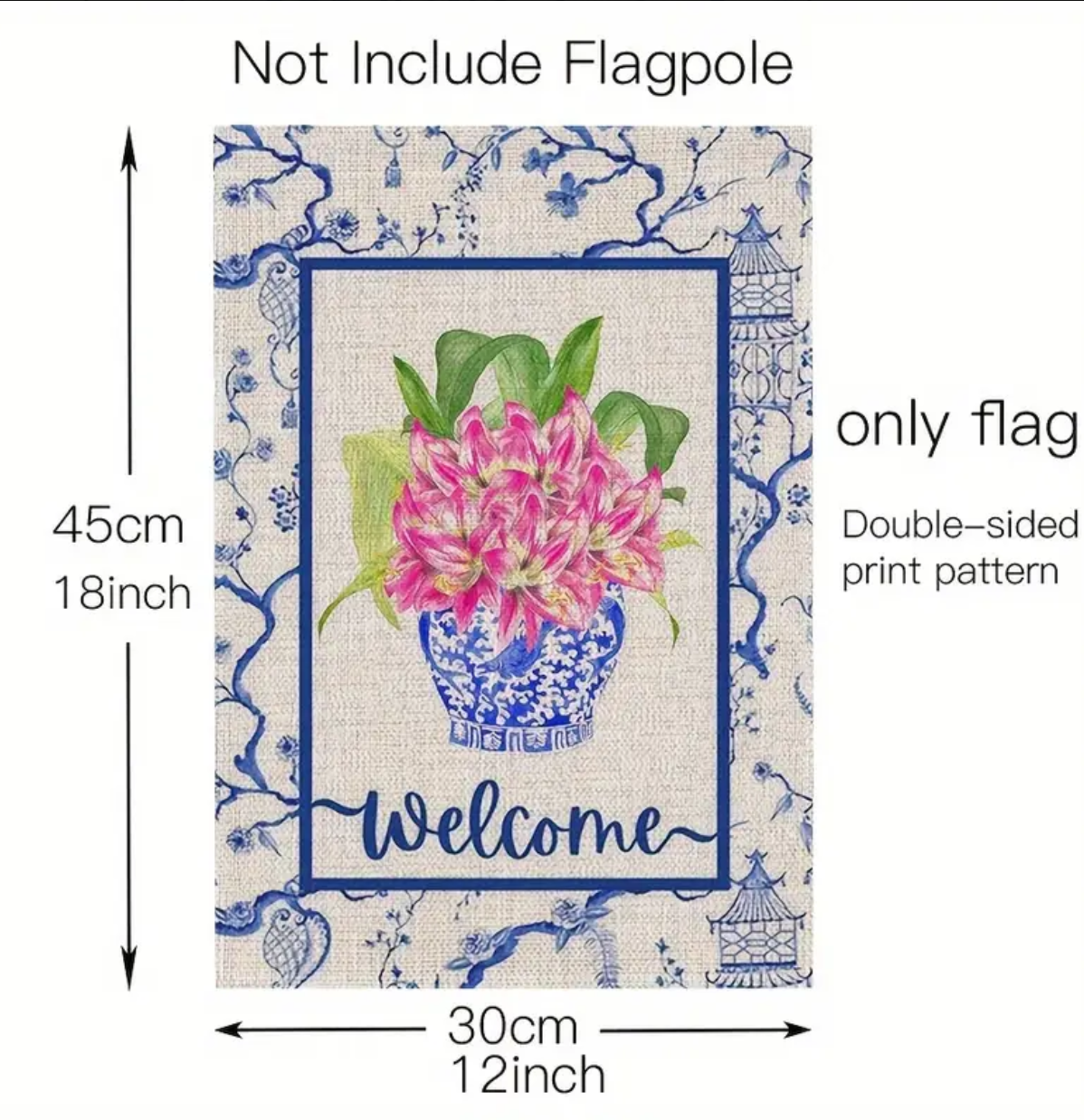 Pink Floral Chinoiserie Planter Garden Flag