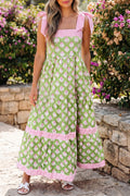 "Garden Party" Green Floral Tie Straps Maxi Dress
