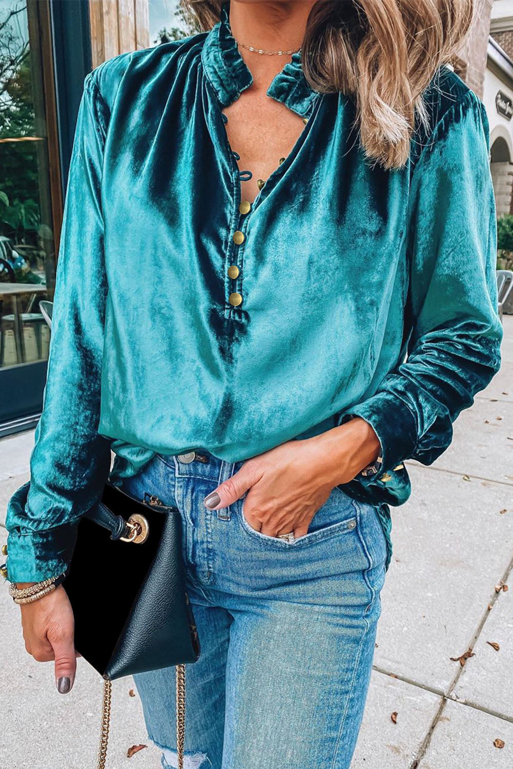 “Frilled” Mock Neck Velvet Top