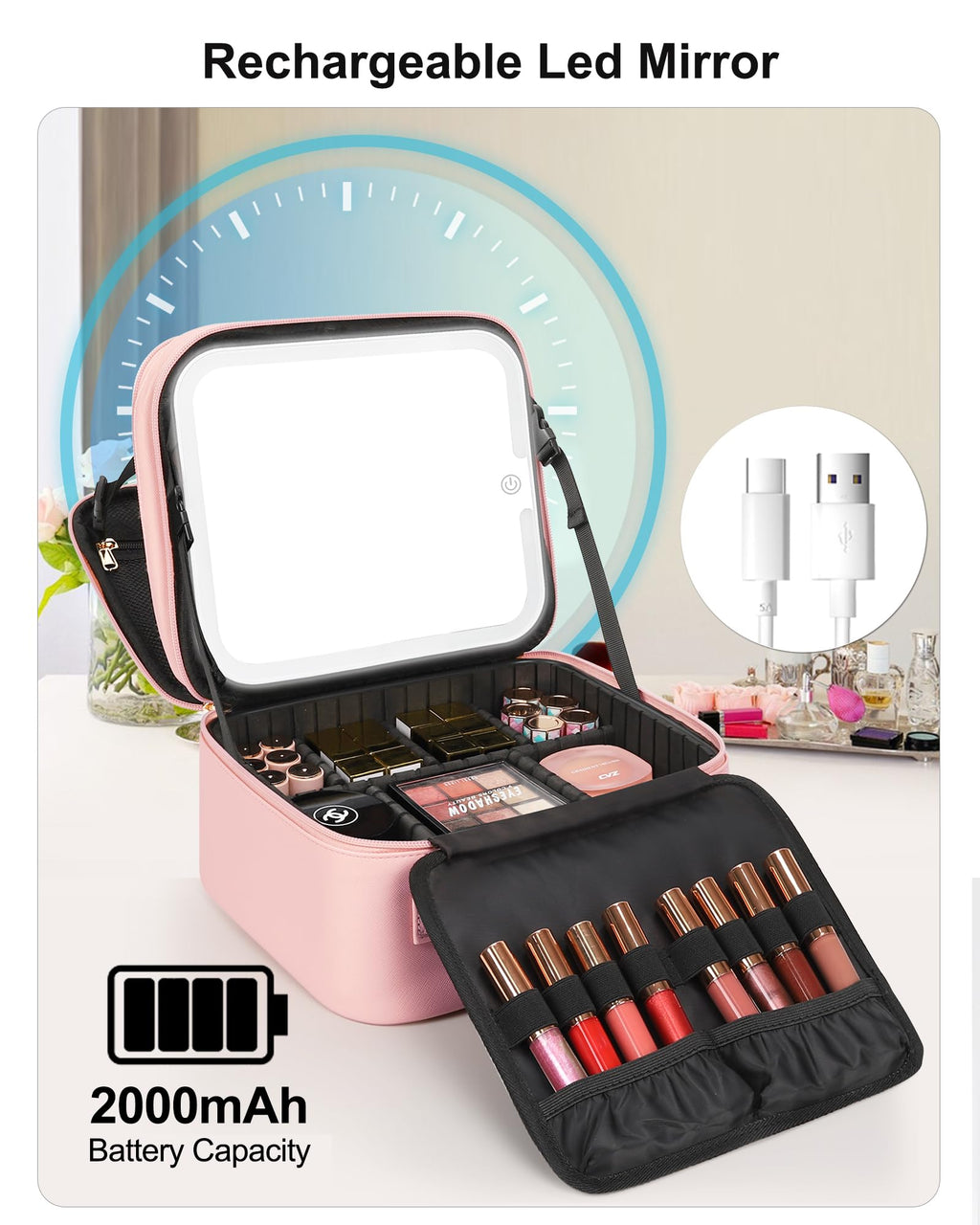 Travel Makeup Bag With LED Mirror