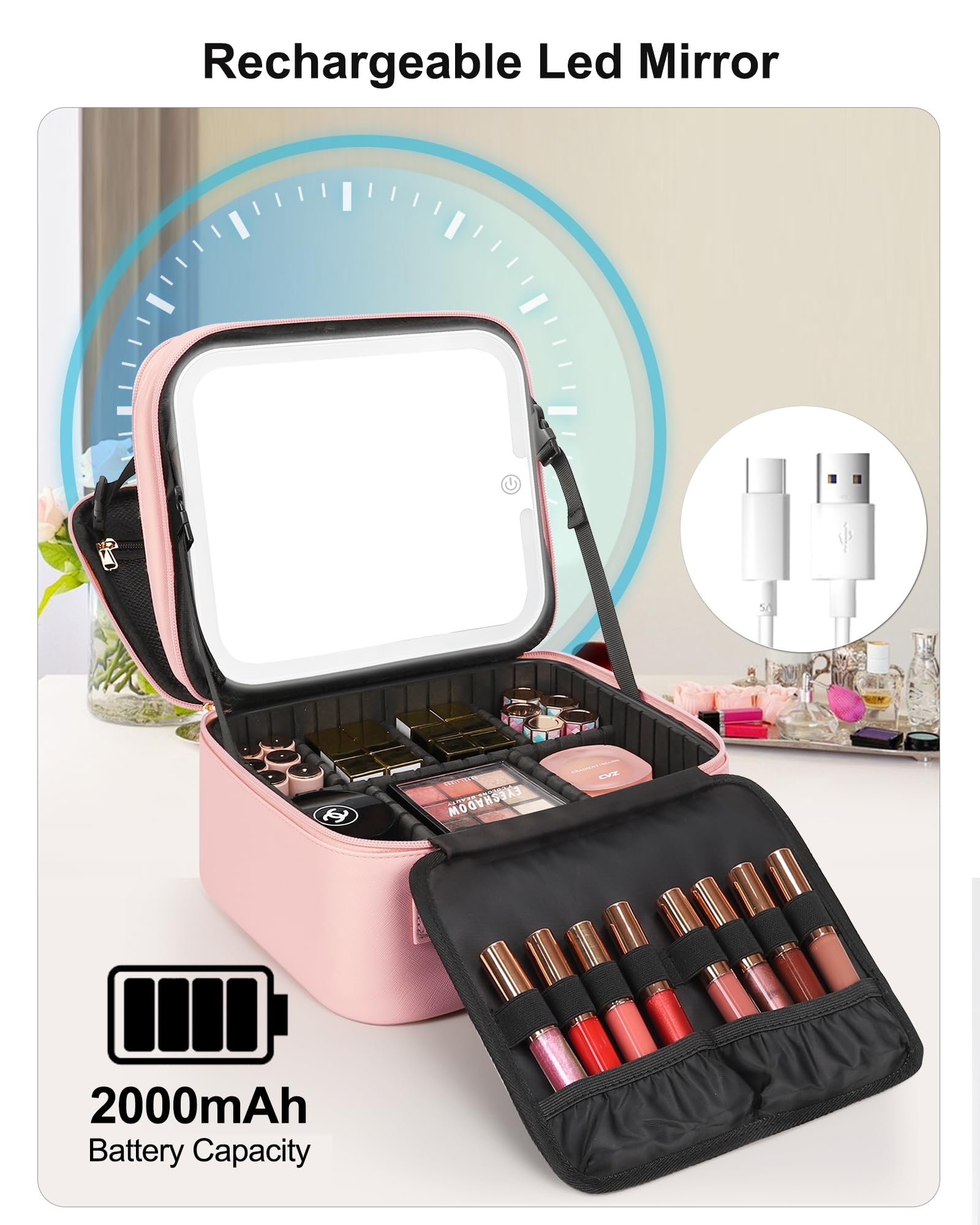 Travel Makeup Bag With LED Mirror
