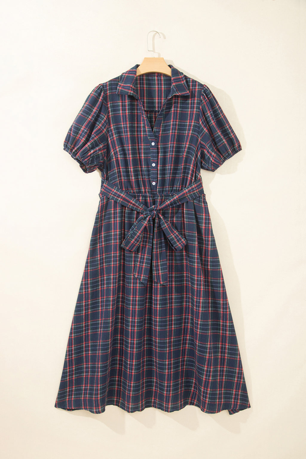 Black Plaid V Neck Belted Plus Size Dress