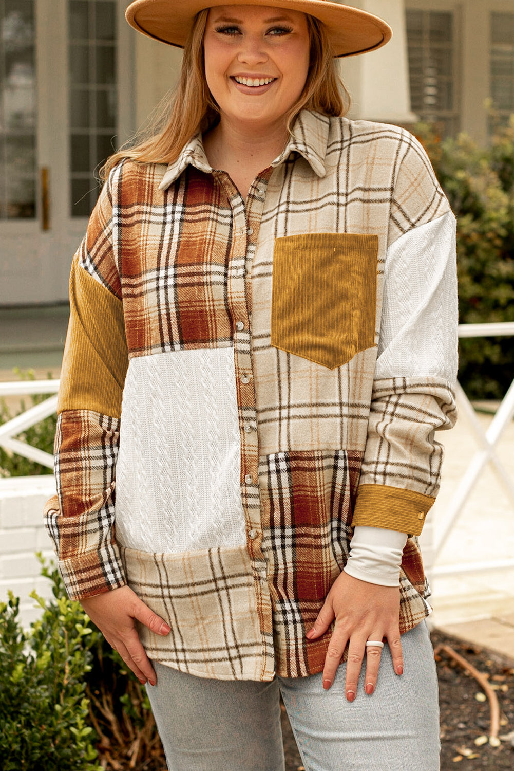"Golden Apricot Plaid" Plus Size Shacket