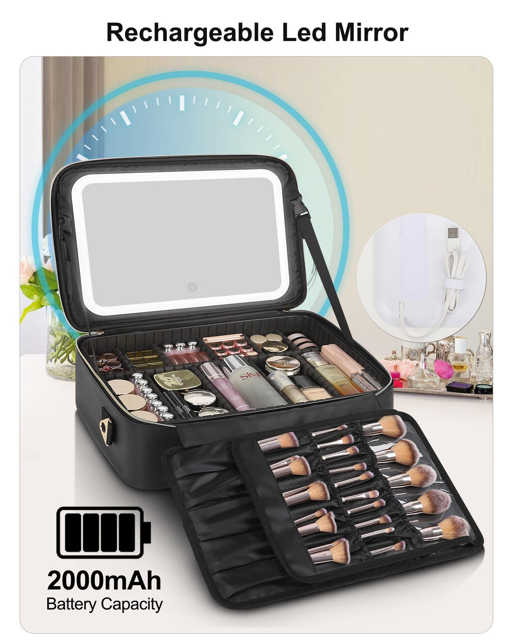 Travel Makeup Bag With LED Mirror