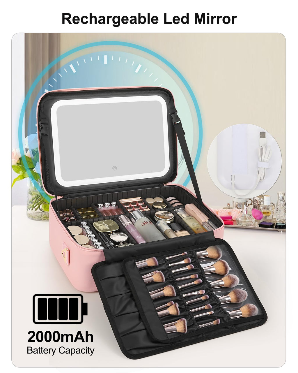 Travel Makeup Bag With LED Mirror