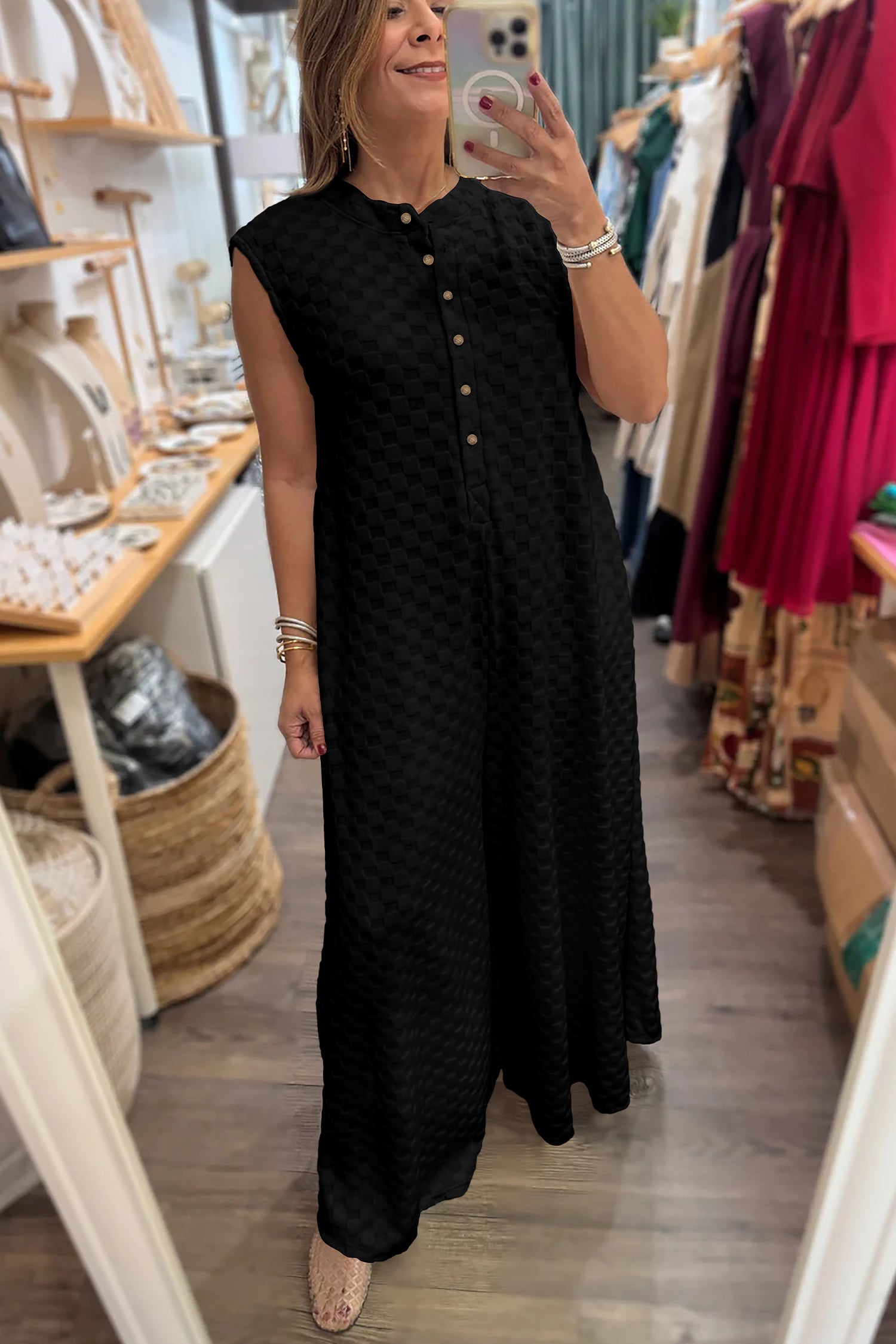 "Check Please" Checkered Cream or Black Wide Leg Jumpsuit