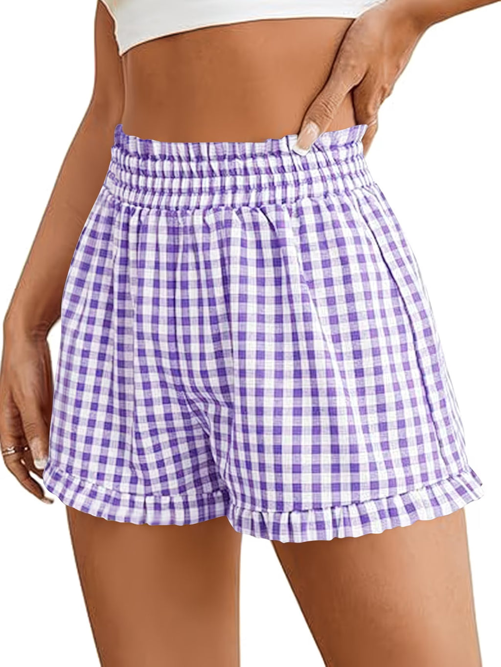 Lilac Gingham Print Ruffle Shorts