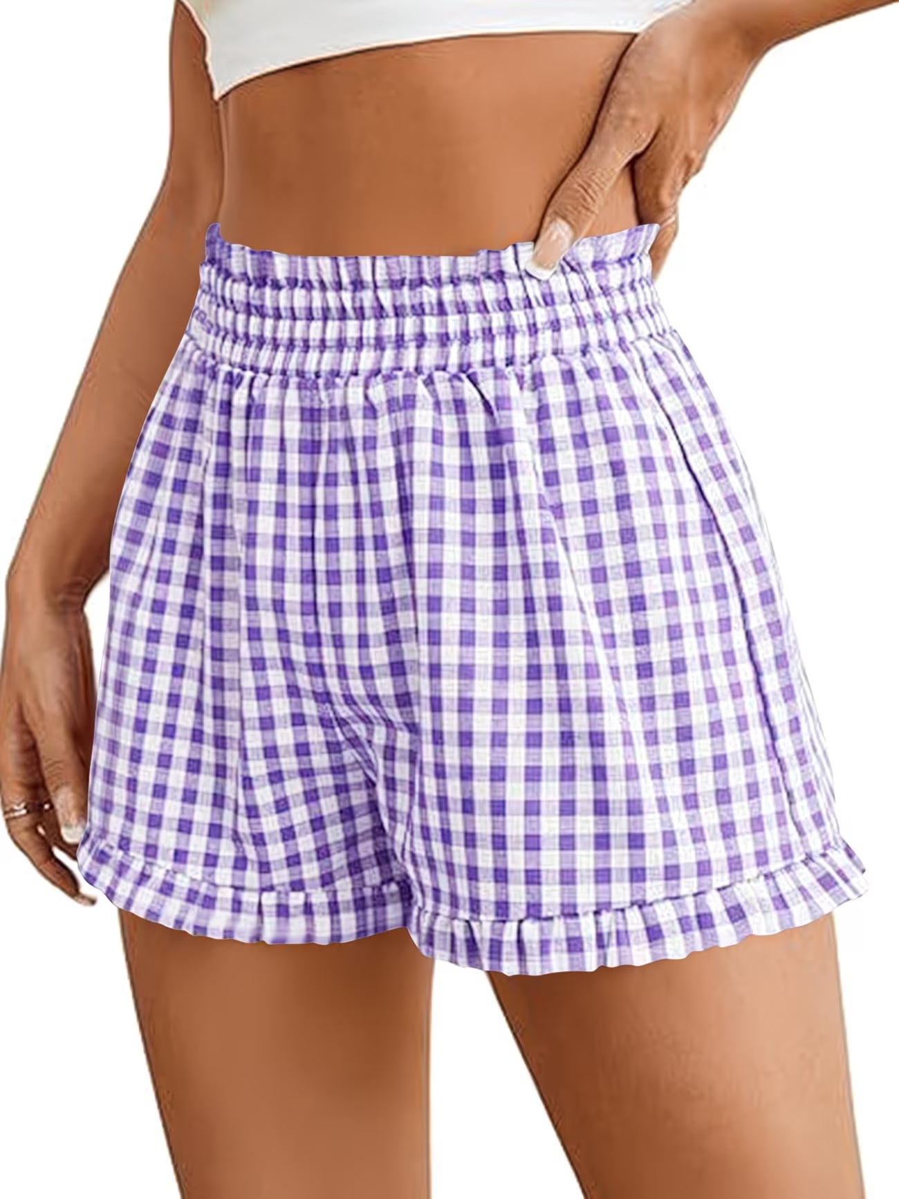 Lilac Gingham Print Ruffle Shorts