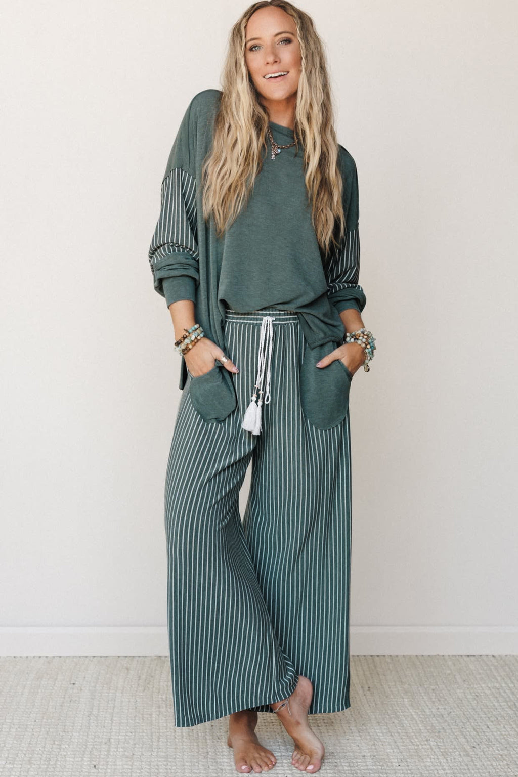 “Green Bay Rae” Patchwork Long Sleeve Top & Pants 2pcs Set