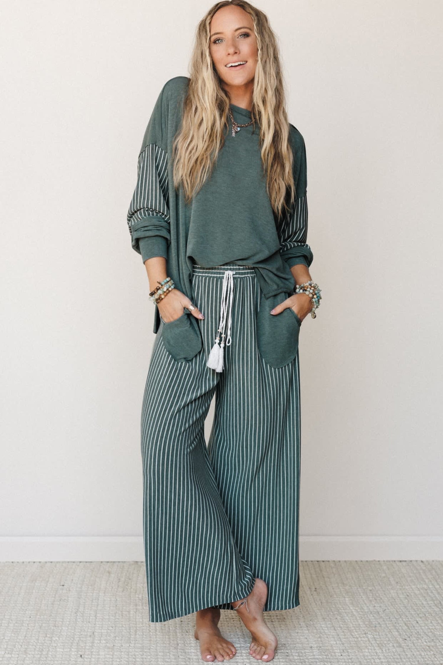 “Green Bay Rae” Patchwork Long Sleeve Top & Pants 2pcs Set