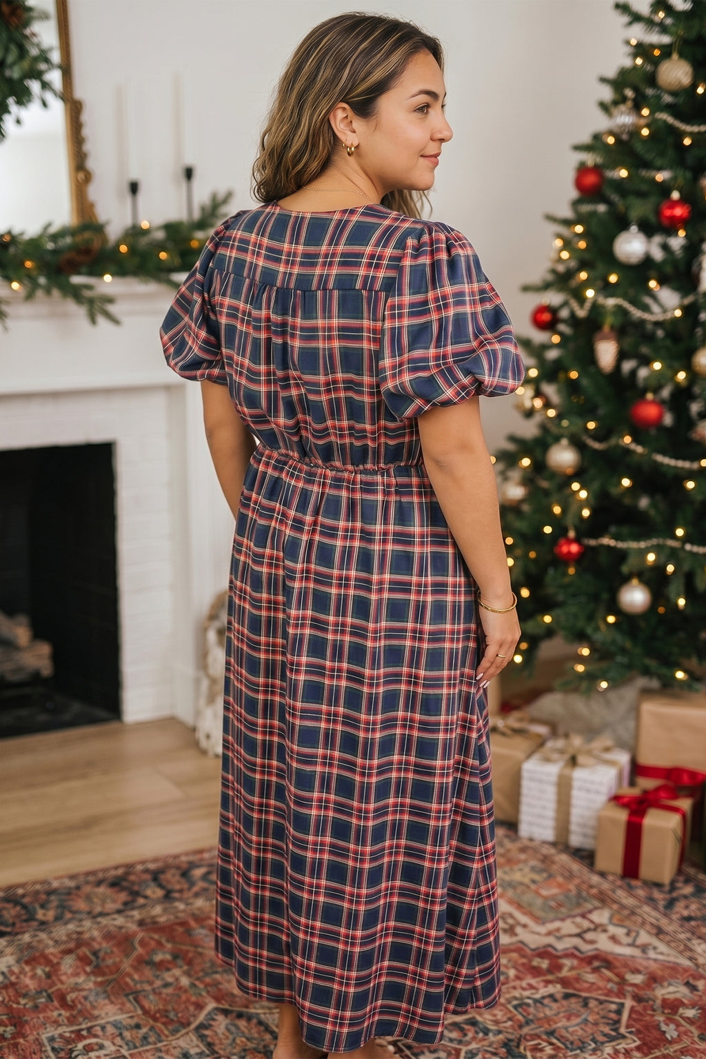 Black Plaid V Neck Belted Plus Size Dress