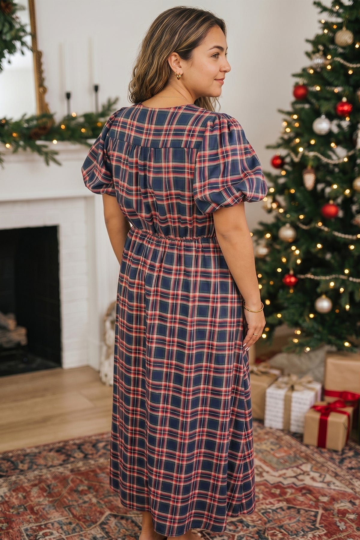 Black Plaid V Neck Belted Plus Size Dress