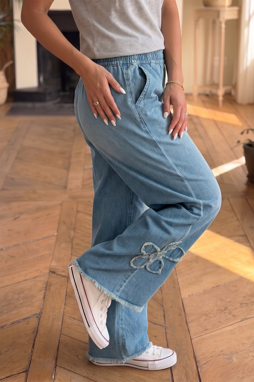 "Flirty in Floral" Patched Wide Leg Jeans