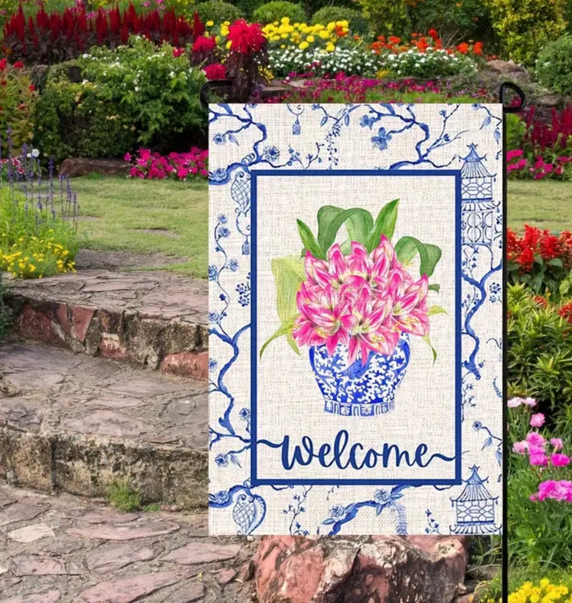 Pink Floral Chinoiserie Planter Garden Flag
